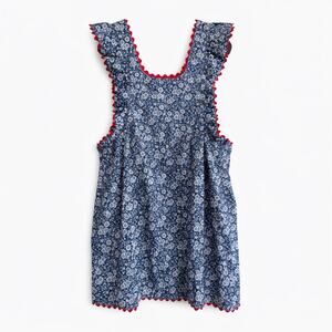 Hand Made Floral Pinafore Ruffle Trim Blue Cotton Mini Dress Small Apron Cottage